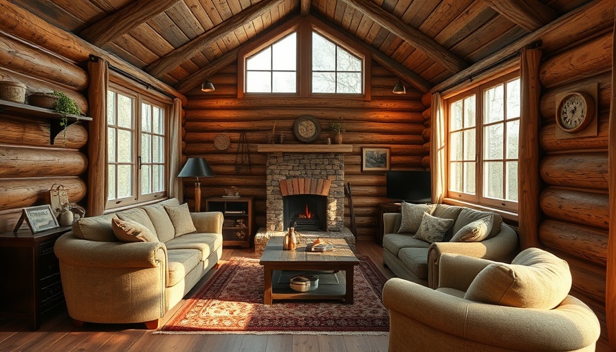 Rustic cabin interior showcasing cozy seating and natural light.