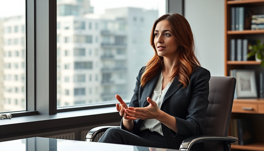 Professional woman discussing topic in office with urban view