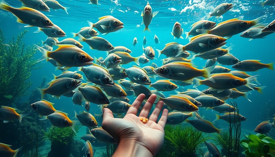 Underwater view of fish and hand feeding in Wisconsin fishing spots.