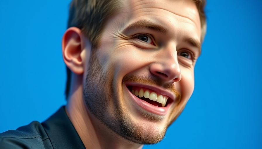Man smiling at a press conference, vibrant setting.