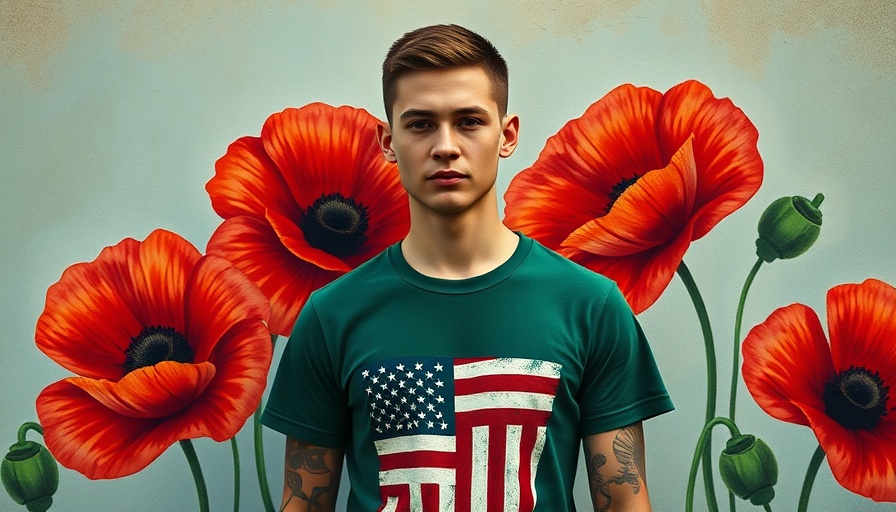 Vortex Nation poppy t-shirt displayed by young man, vibrant poppy design.