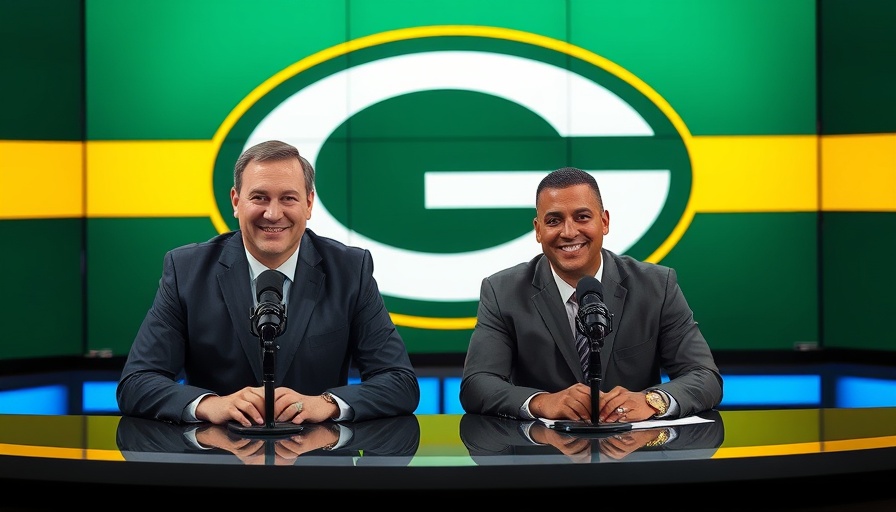 Two broadcasters in a studio with Green Bay Packers logo.