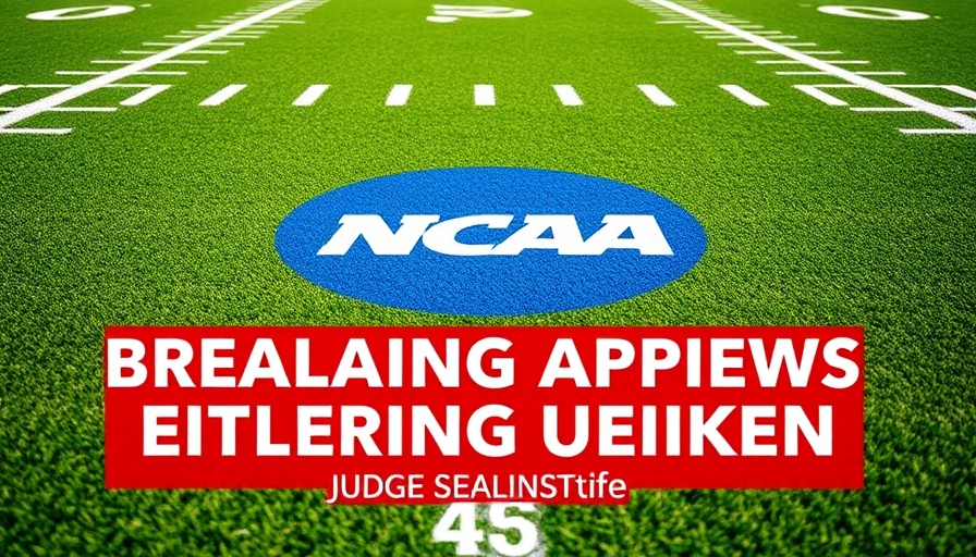 NCAA settlement news on football field background with logo.