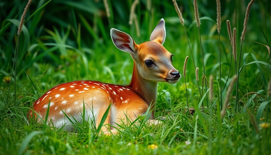 Fawn resting in Wisconsin greenery, depicting peaceful outdoor activity.
