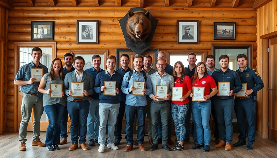 Group posing with awards indoors in rustic setting