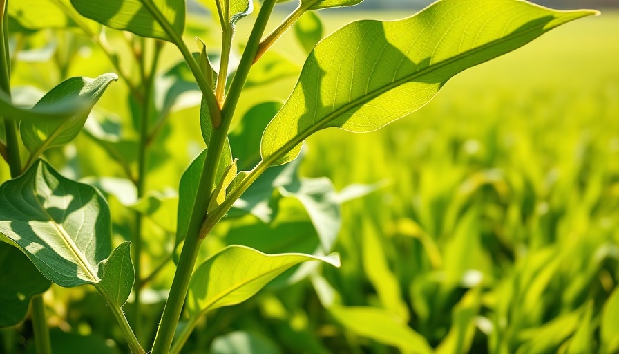 Vibrant soybean plant in Wisconsin field under clear sky.