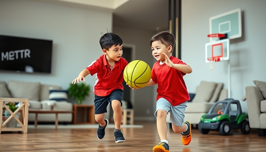 Father and child playing basketball indoors; playful family moment.