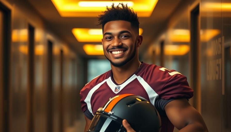 Smiling athlete in green jersey holding helmet indoors.