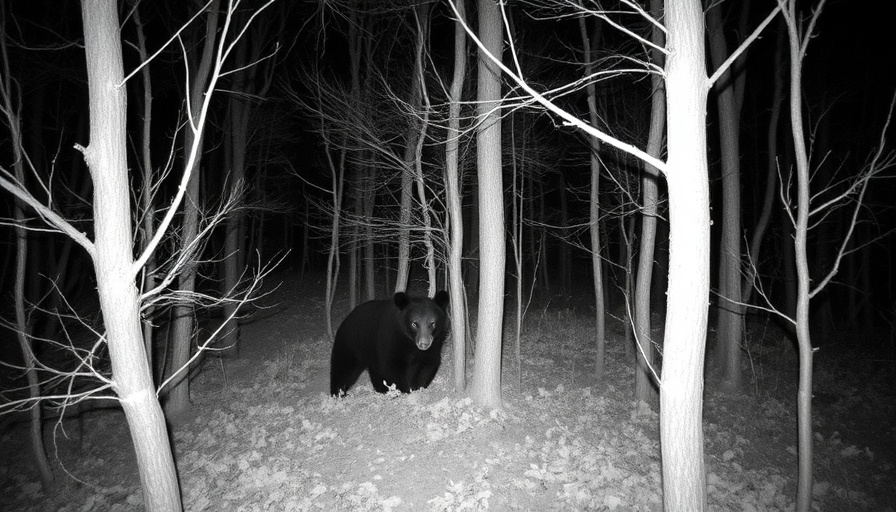 Nocturnal black bear in Wisconsin forest captured on trail camera.