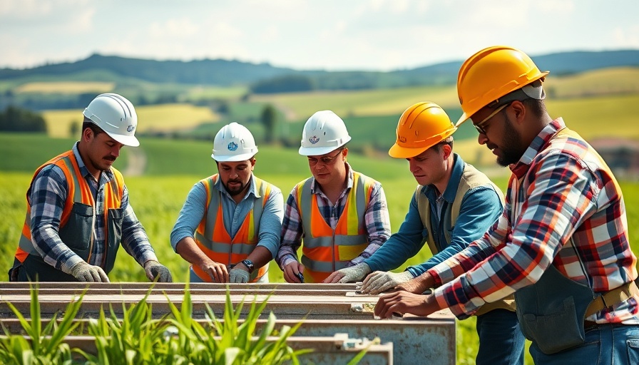 Construction workers building infrastructure in scenic Wisconsin landscape.
