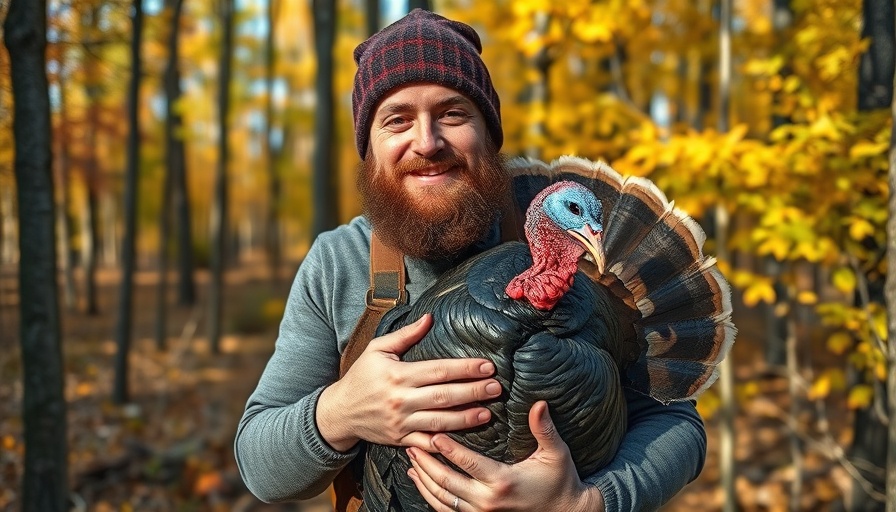 Man with wild turkey in Wisconsin forest, highlighting outdoor activities.