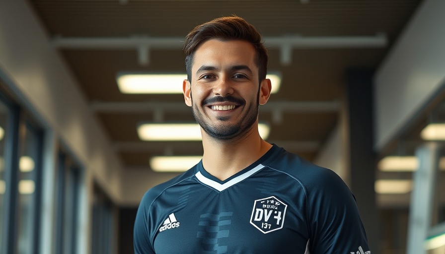 Man in sports jersey smiling indoors, fluorescent lighting.