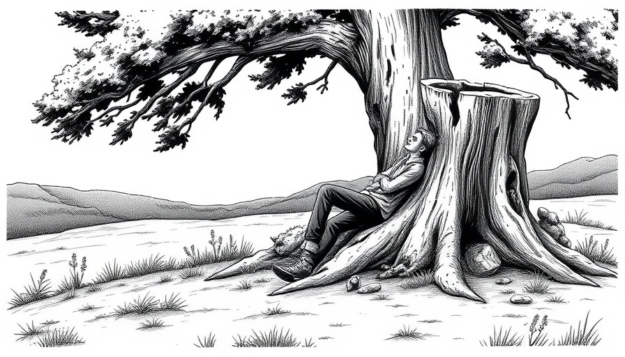 Vintage illustration of a person relaxing by a tree stump, relevant to Wisconsin outdoor activities.