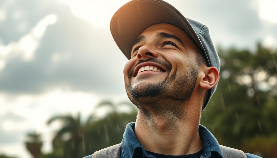 Man enjoys rain and sun with a smile outdoors.