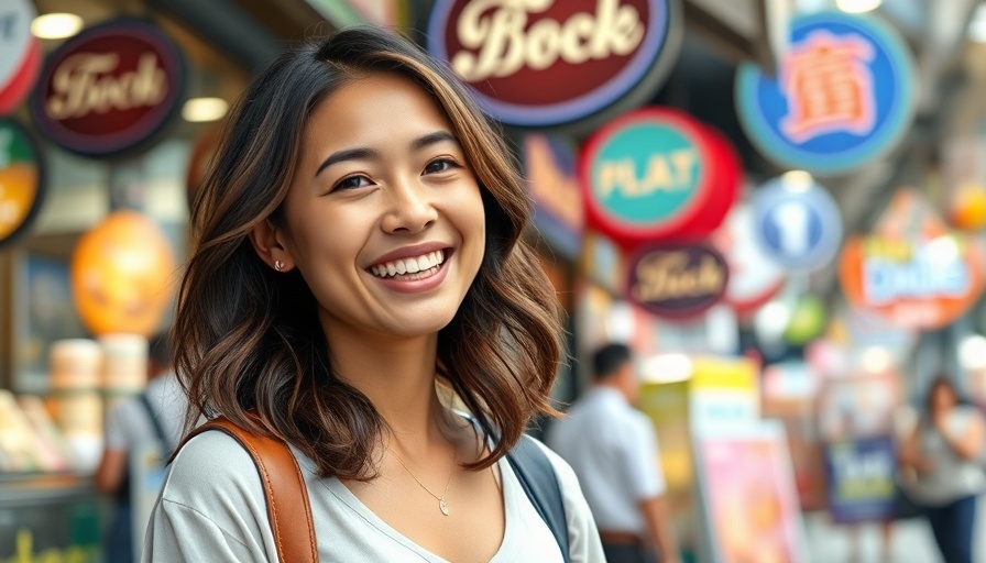 Young woman discussing Wisconsin family activities, vibrant background.