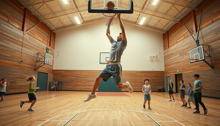 Energetic man performs a windmill dunk indoors surrounded by kids
