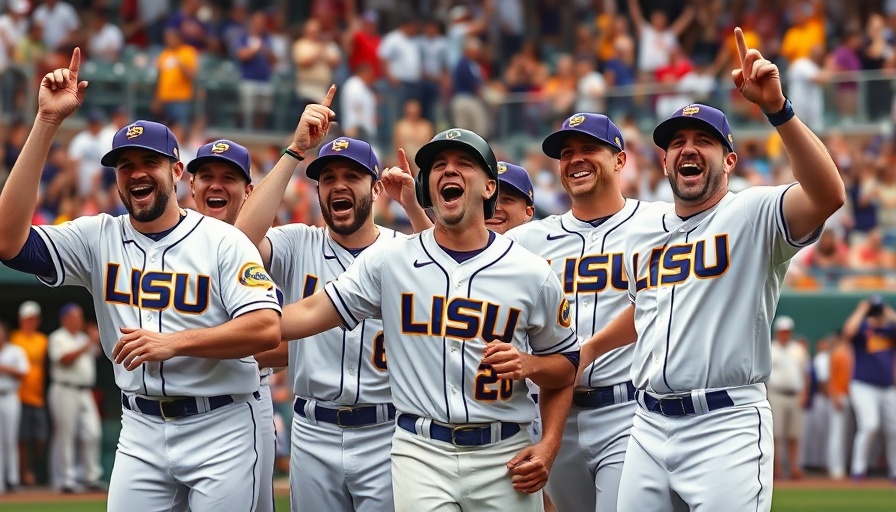 LSU baseball team celebrating with excitement, game recap sign in background.