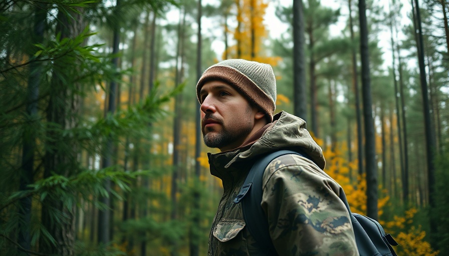 Hunter in Wisconsin forest with whitetail hunting setup.
