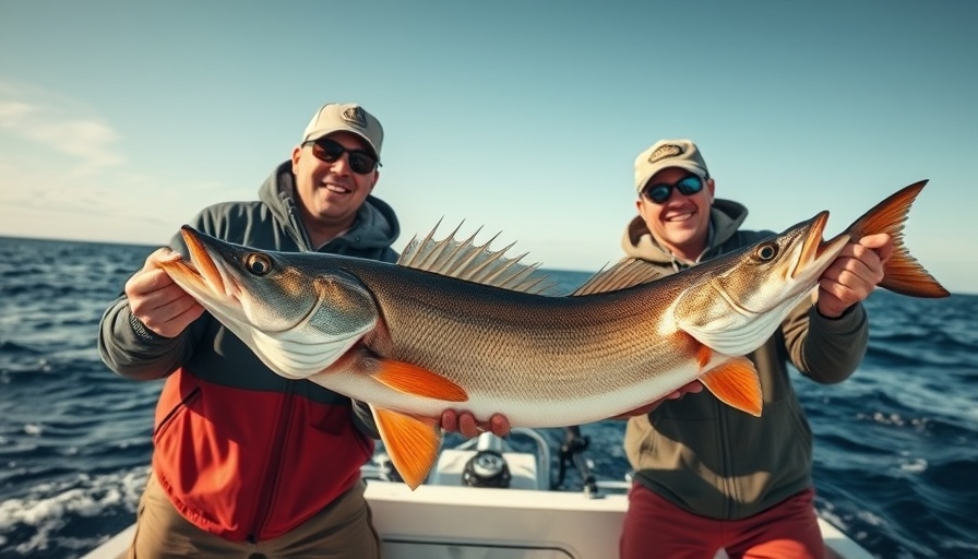 Excited anglers display giant walleye catch on choppy ocean.