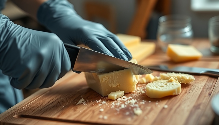 Gloved hands slicing Wisconsin cheese in a kitchen setting.