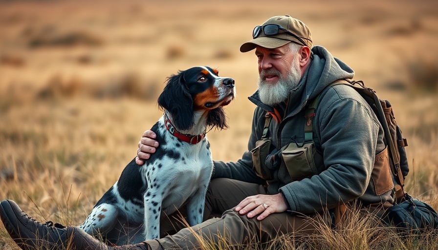 Man with springer spaniel dog in open field.