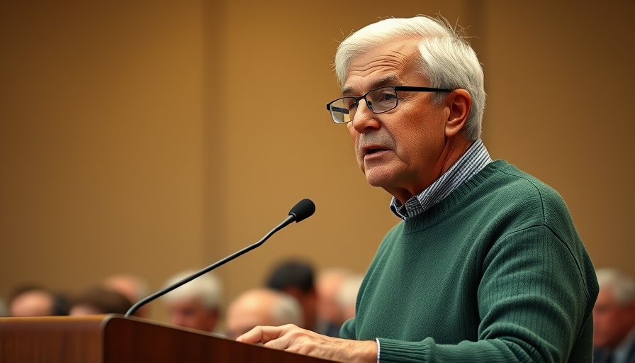 Elderly man speaking at a podium in a conference setting, well-lit.