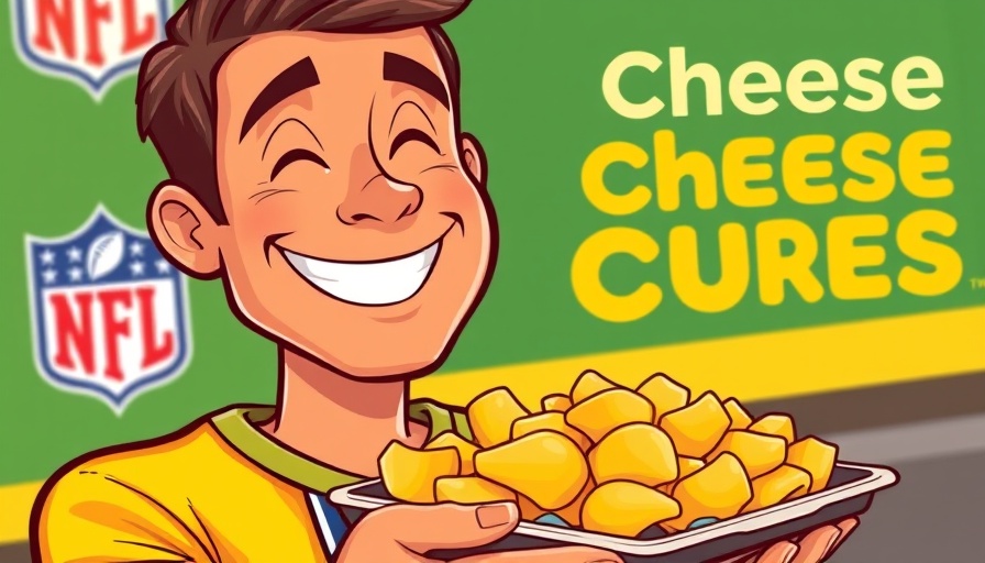 Smiling person with cheese curds in cartoon style, Wisconsin cheese curds.