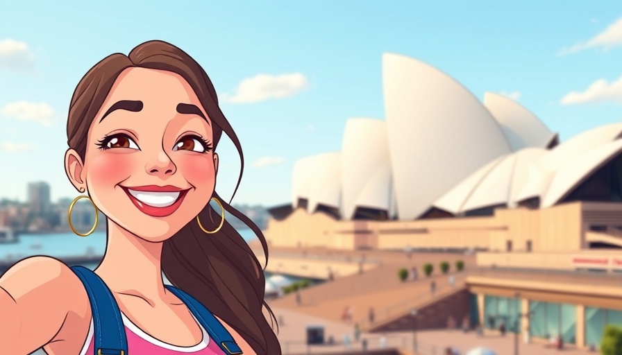 Cartoon influencer marketing in Australia scene with opera house.
