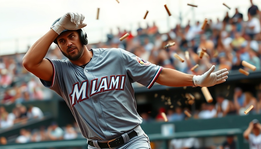 Baseball player in Miami jersey throws broken bat, sports action.