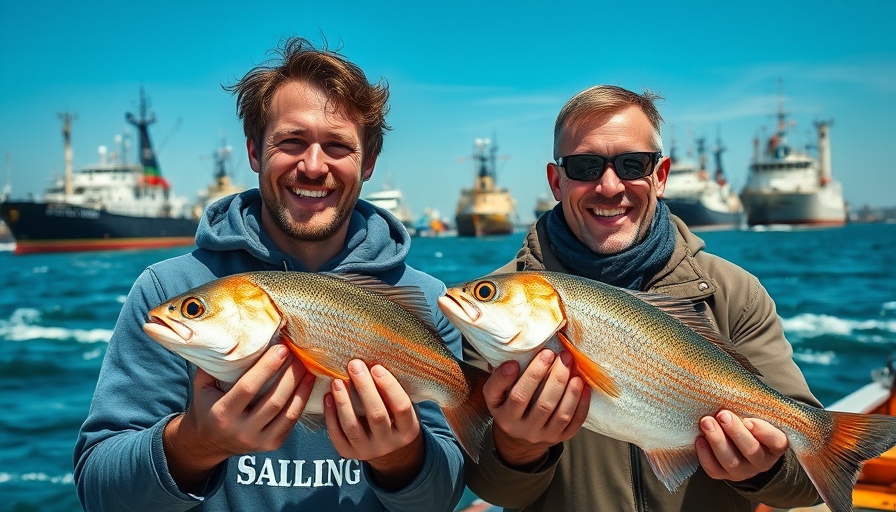 Two men fishing in Wisconsin harbor holding fish.