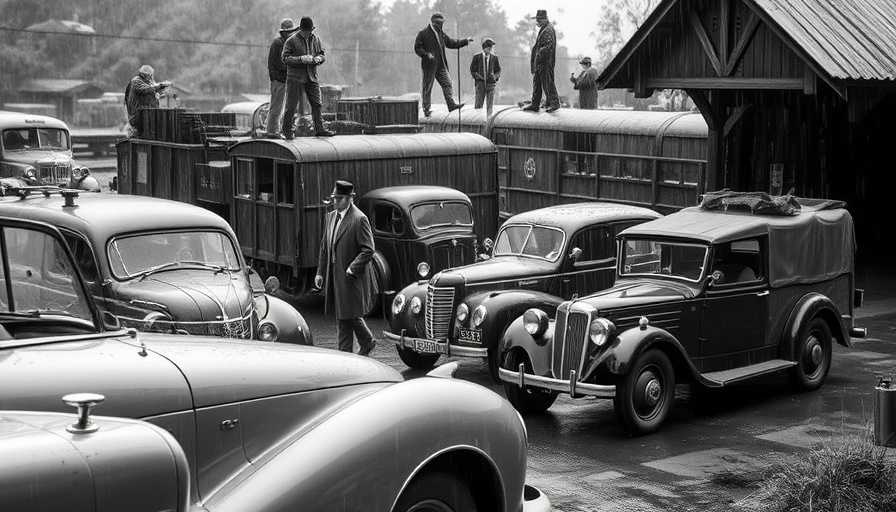 Historical Wisconsin outdoor activities with vintage cars and train.
