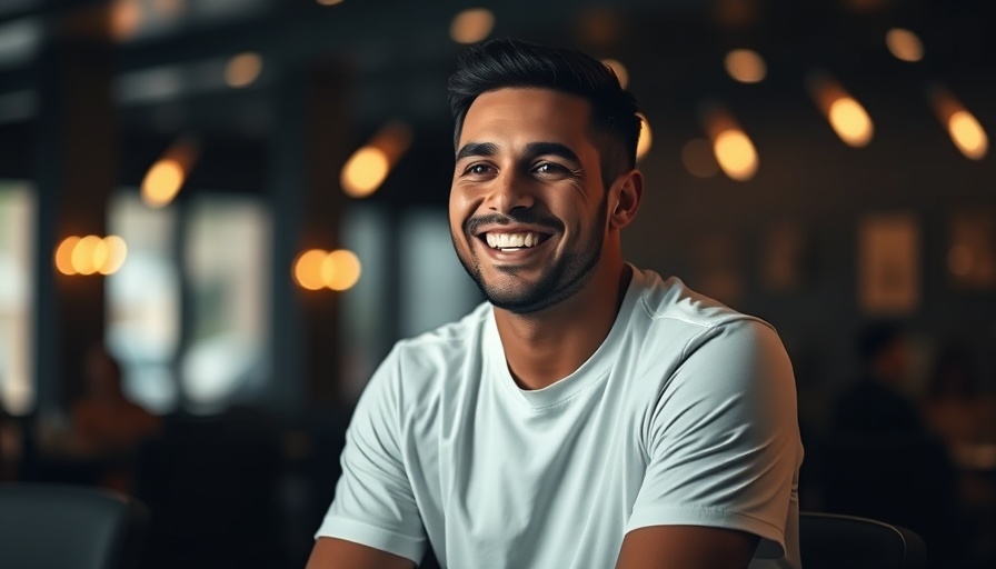 Cheerful man smiling warmly indoors with cinematic lighting.