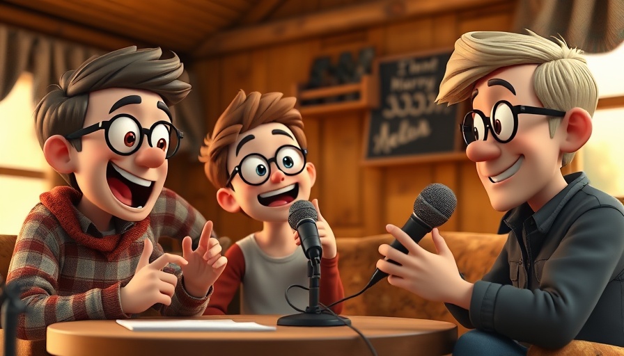 Atmospheric cabin podcast session featuring lively animated hosts, Wisconsin travel theme.