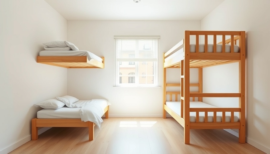 Minimalist dorm room with wooden beds and natural light.