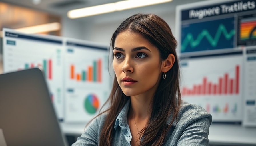 Young woman analyzing Facebook marketing strategies in office, data-driven environment.