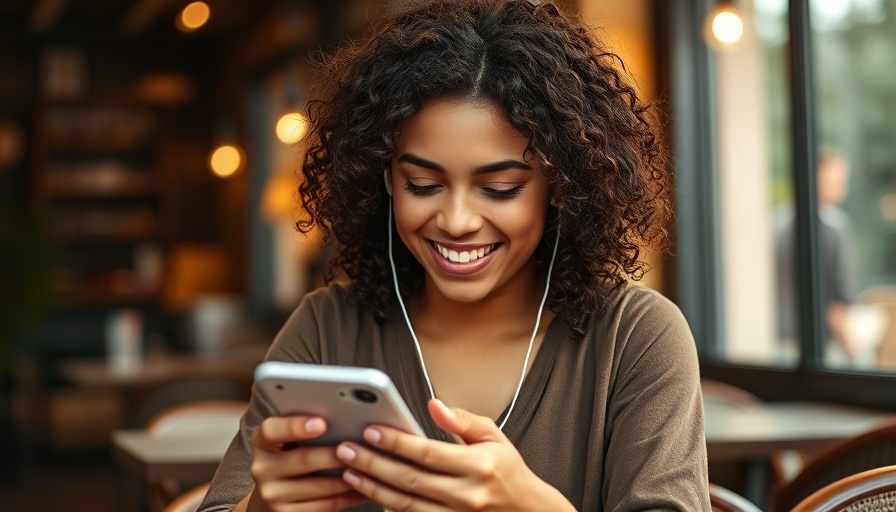 Young woman enjoying trending sounds on Instagram in a cafe.