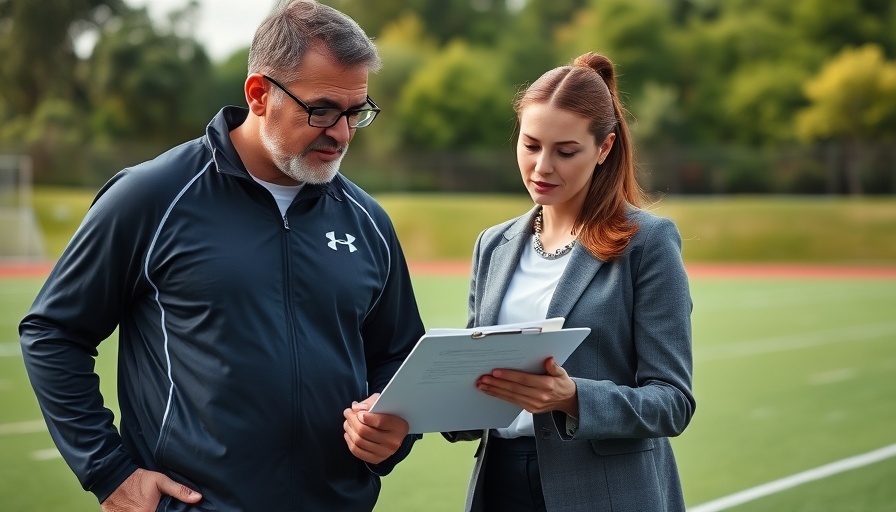 Focused coach and curious businesswoman reviewing clipboard on sports field.