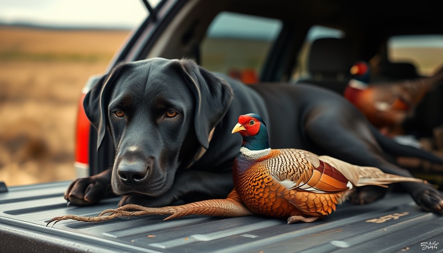 Black Labrador hunting dog resting with a pheasant in Wisconsin field.