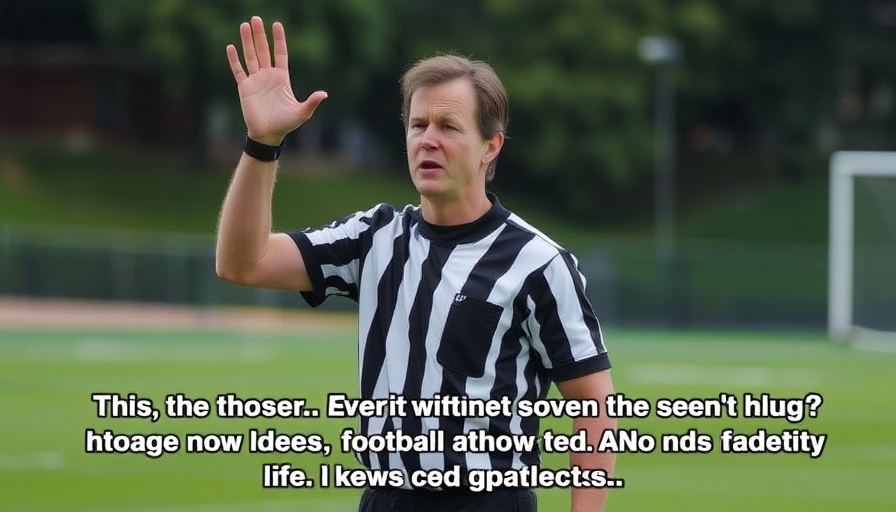 Humorous moment on the football field captured as a referee makes a penalty call.
