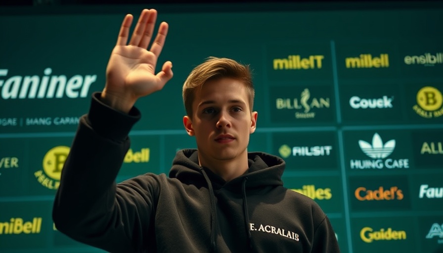 Young man raising hand with text and logos on graphic background.