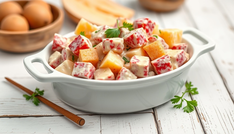 Creamy red potato salad in white dish on a rustic table.