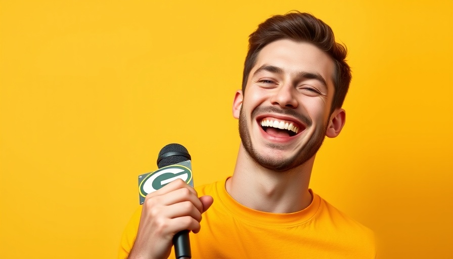 Cheerful young man with Green Bay Packers logo microphone, Green Bay Packers schedule.