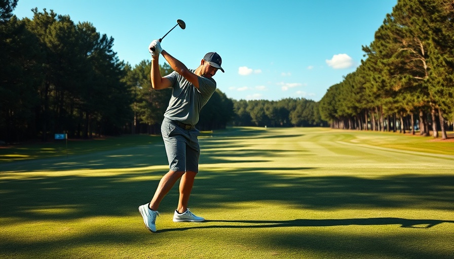 Athlete golfing humorously on a green course, joking about sports.