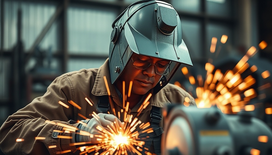 Industrial welder in action in workshop.