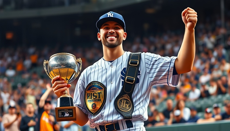 Cal Raleigh celebrates Home Run Derby victory holding trophy and belt.