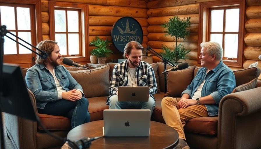 Podcast hosts discussing Wisconsin travel in a cozy cabin setting.