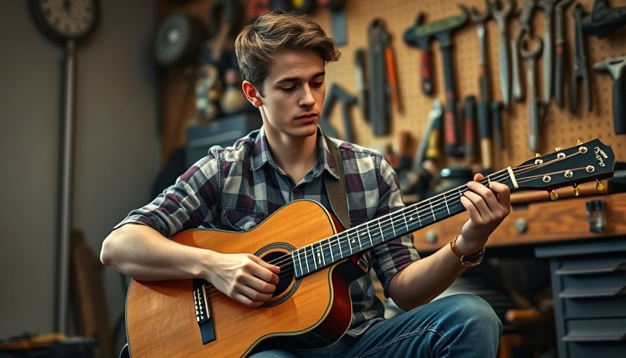 Boy playing guitar in workshop, Wisconsin family activities