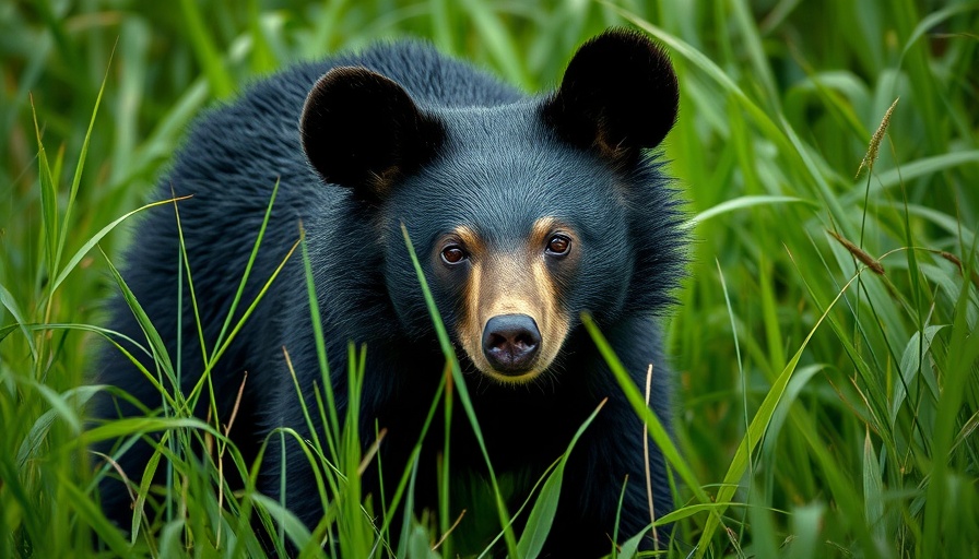 Curious black bear amid tall grass, Wisconsin outdoor setting.
