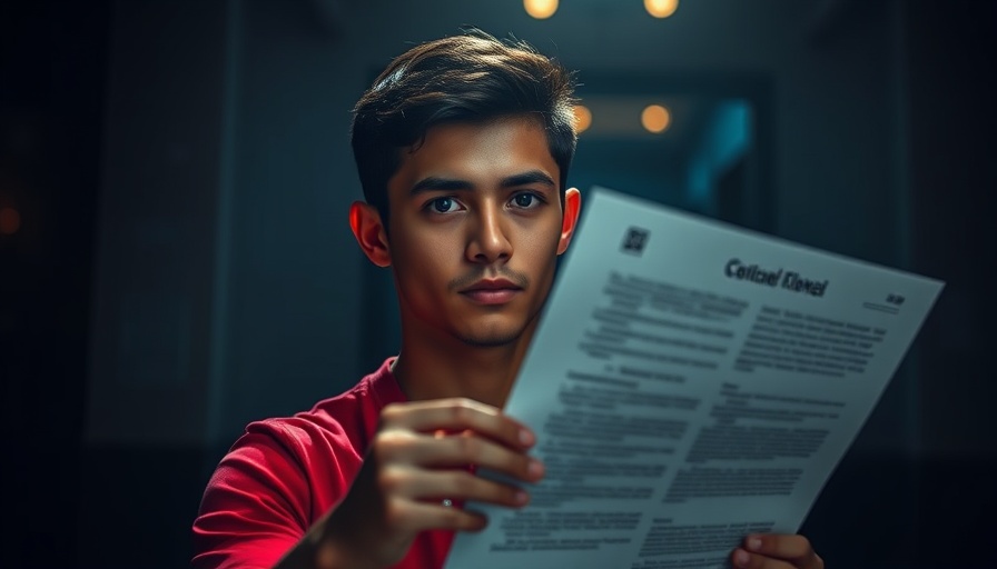 Young man presenting information, cinematic style, dark background.