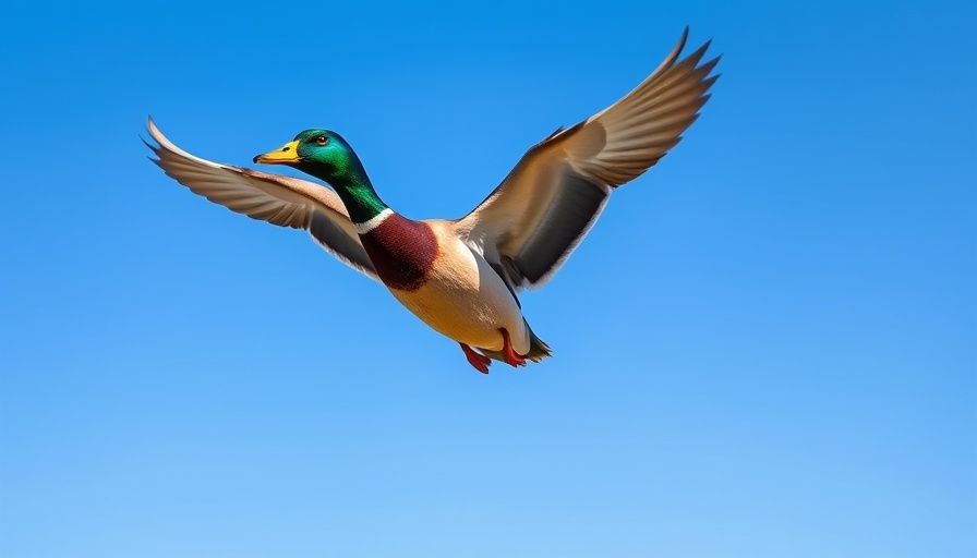 Mallard duck in flight, showcasing Wisconsin outdoor activities.